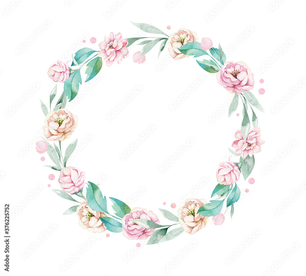 Watercolor boho floral wreath. Bohemian natural frame: leaves, feathers, flowers, Isolated on white background. decoration illustration. Save the date, weddign design, valentine's day