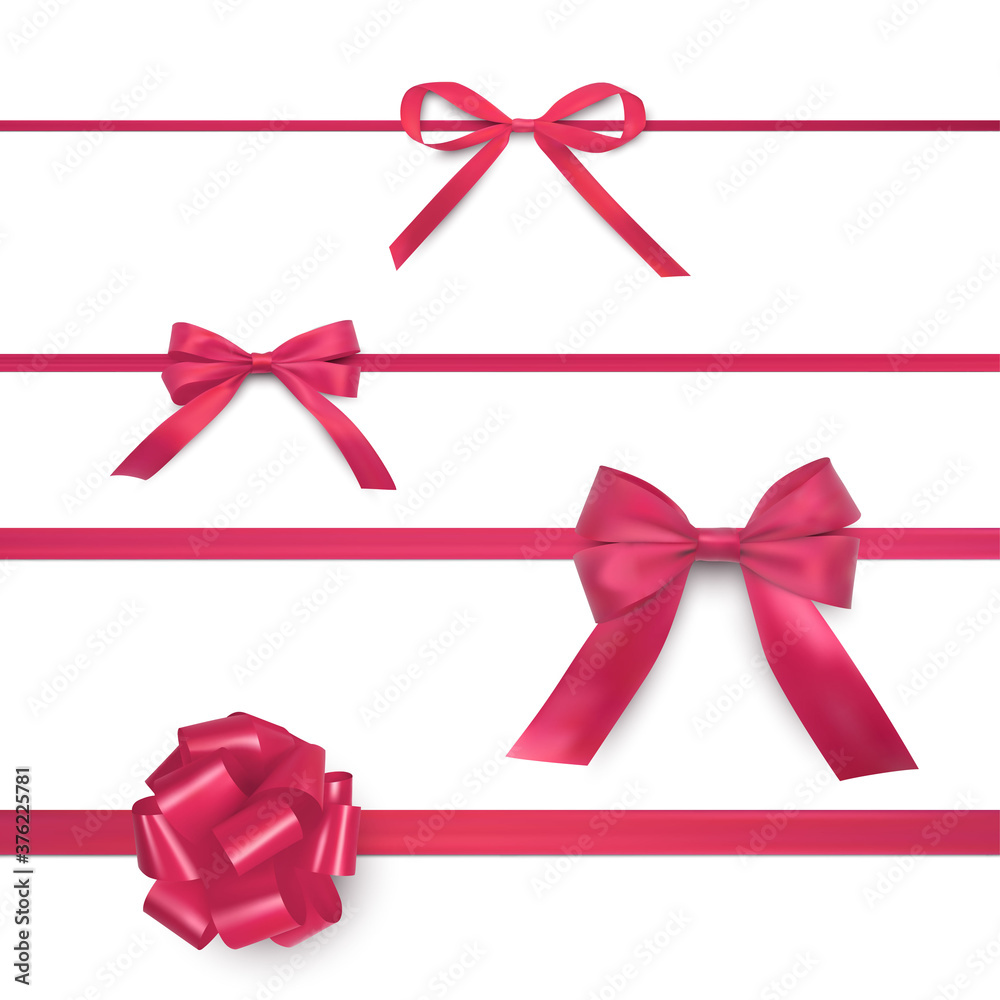Bows on horizontal thin, wide ribbons realistic set. Festive red satin, silk decorations collection. Bows on horizontal thin, wide ribbons realistic set. Festive red satin, silk decorations collection.