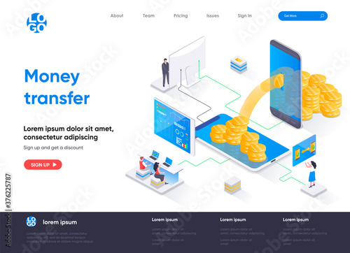 Money transfer isometric landing page. Internet banking mobile application isometry concept. Online money transaction and payment service flat web page. Vector illustration with people characters.