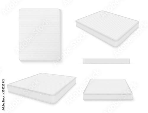 Mattress, futon or flock bed realistic mockups set. Top, side, three quater view.