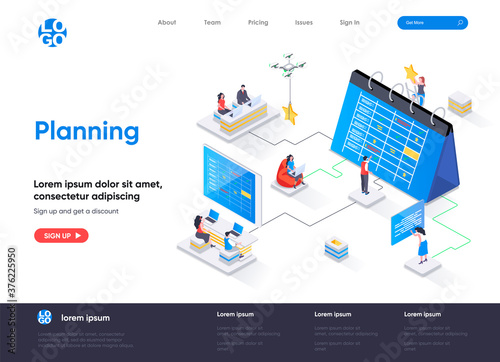 Planning isometric landing page. Business planning, organizing work activities and tasks isometry concept. Time management and high productivity flat design. Vector illustration with people characters