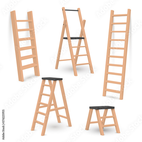 Ladders and stepladders wooden household equipment realistic set. Staircase, stairway.