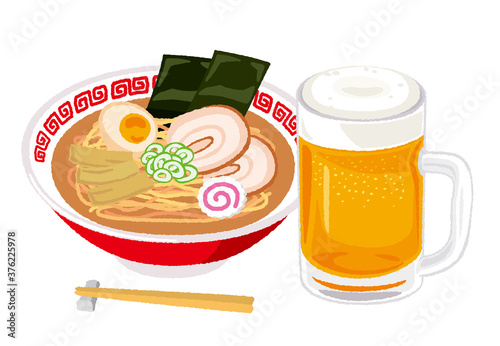 ビールとラーメンのイラスト