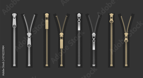 Zipper, fly, dingy or zip fastener for clothes open, closed realistic set. Tailor metal accessories.