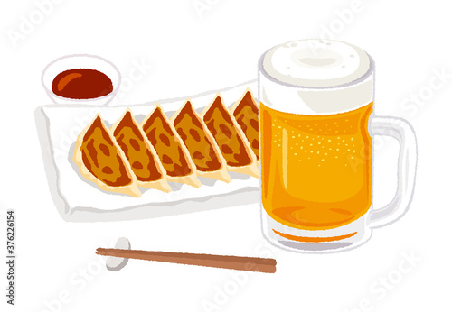 ビールと焼き餃子のイラスト