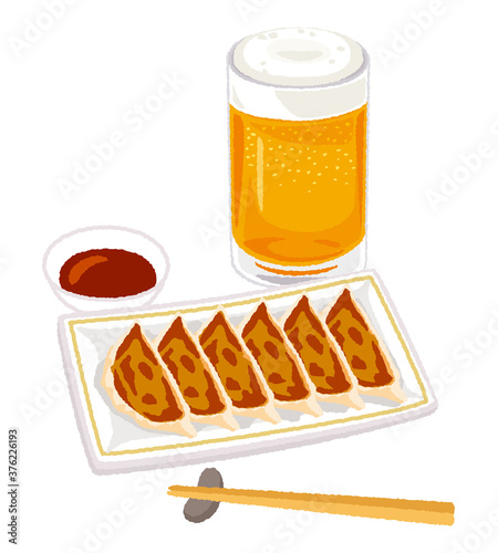 ビールと焼き餃子のイラスト