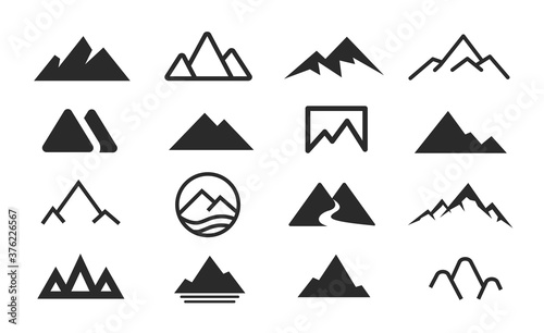 Mountains, rocks and peaks. Vector illustration and logo design elements