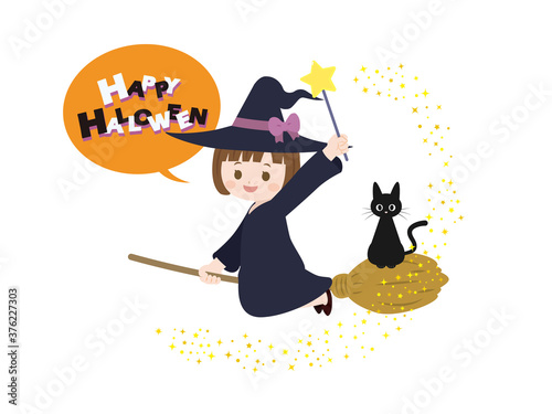 ハロウィン 箒に乗る可愛い魔女の子と黒猫のイラスト