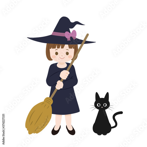 かわいい魔女の子と黒猫のイラスト