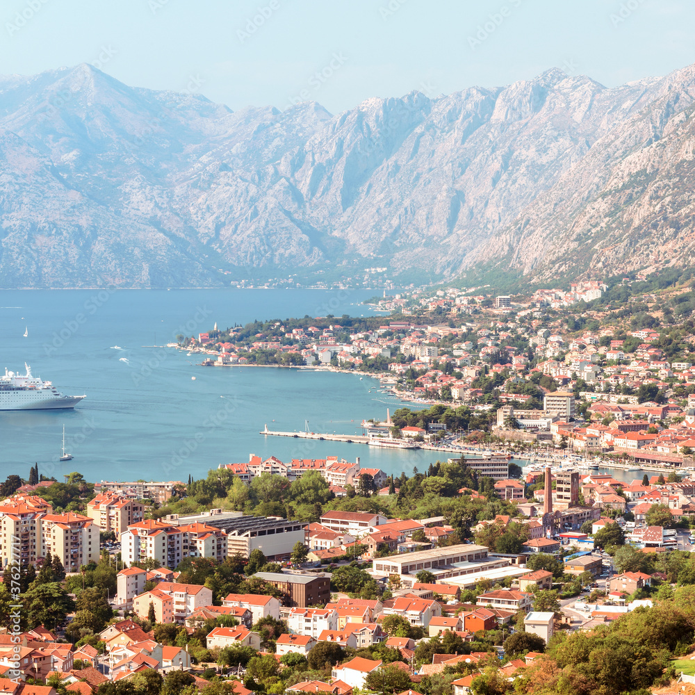 view of the Bay of Kotor - one of the most beautiful places on the Adriatic Sea, Montenegro. It is a preserved Venetian fortress, old tiny villages, and picturesque mountains