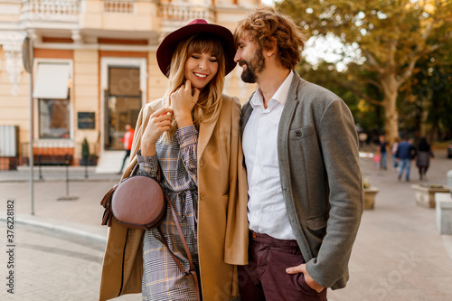 Photography Close up portrait of amazing stylish couple in love  spending  romantic holidays in European city