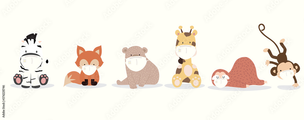 Cute animal object collection with  sloth,giraffe,fox,zebra,monkey,bear wear mask.Vector illustration for prevention the spread of bacteria,coronviruses