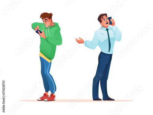 Men using smartphones, young boy playing games on mobile phone and businessman talking, vector flat cartoon isolated characters. Men with smartphones for business and entertainment chat and games