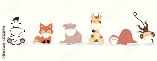 Fototapeta Naklejka Na Ścianę i Meble -  Cute animal object collection with  sloth,giraffe,fox,zebra,monkey,bear wear mask.Vector illustration for prevention the spread of bacteria,coronviruses