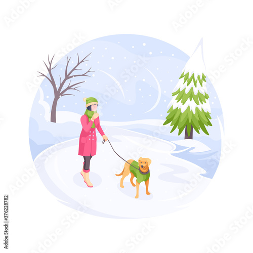 Pet walking in winter snow cold, woman with dog, vector isometric flat illustration. Girl with dog on leash walking at winter snowy park, bad cold weather outdoor, owner walking pet in nature