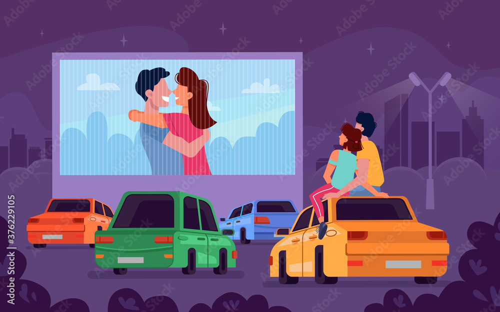 Car cinema romantic movie theater and couple watching movie in car, vector  cartoon background. Drive cinema