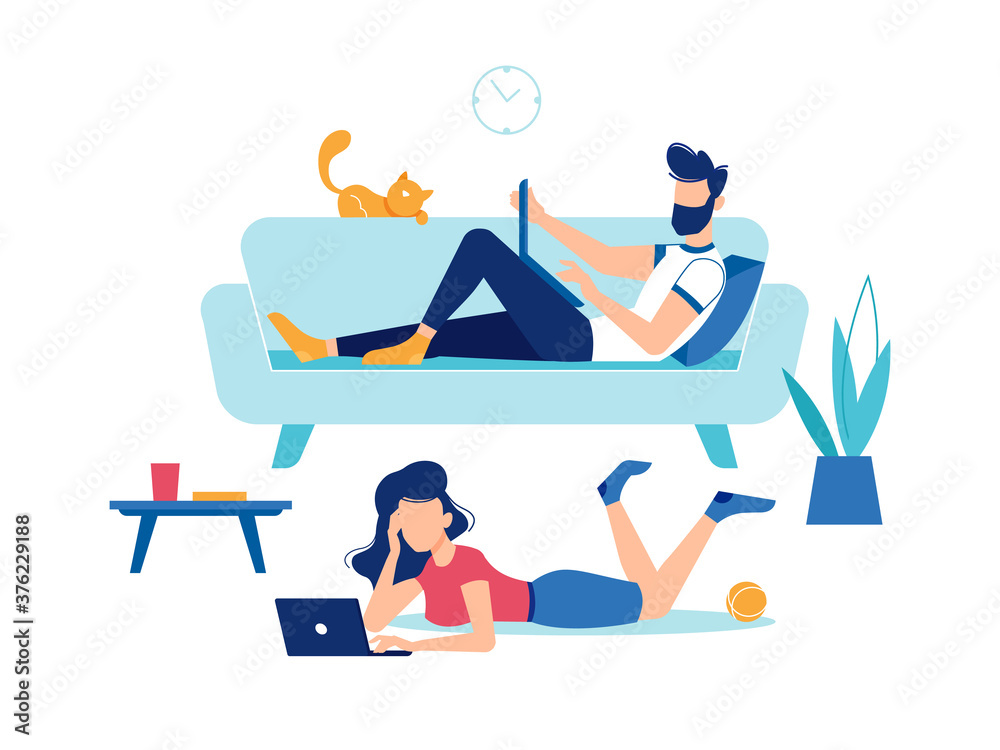 Obraz premium Man and woman with laptop computers at home, fun and entertainment, vector flat design. Man on sofa couch typing and looking at display, woman or girl lying on floor with laptops watching movie