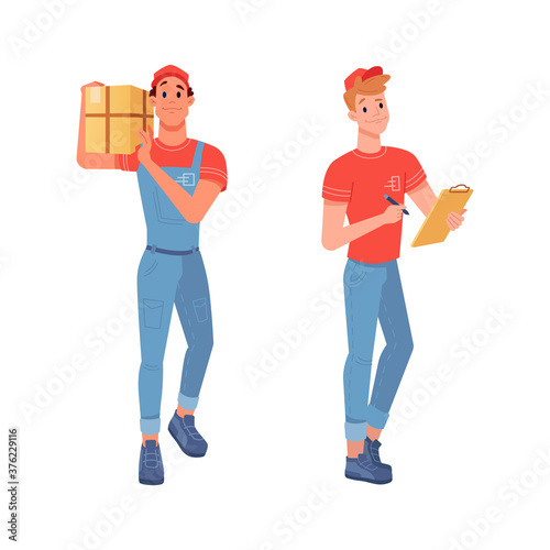 Delivery couriers delivering goods parcels and waybill for signature, vector flat isolated icons. Courier boy and man delivering express order from shop or store with waybill for delivery signature