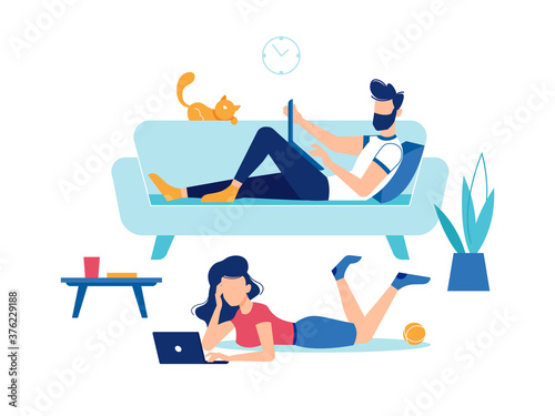 Man and woman with laptop computers at home, fun and entertainment, vector flat design. Man on sofa couch typing and looking at display, woman or girl lying on floor with laptops watching movie