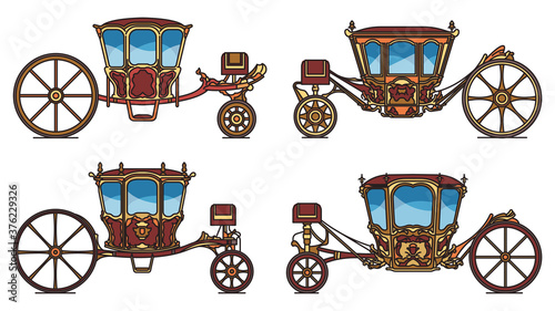 Wedding carriage set, outline retro royal chariot