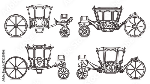 Wedding carriage set, outline retro royal chariot
