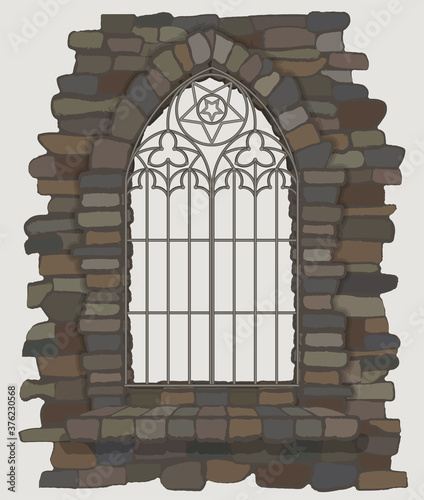 Ornate gothic window a stone wall. vector illustration
