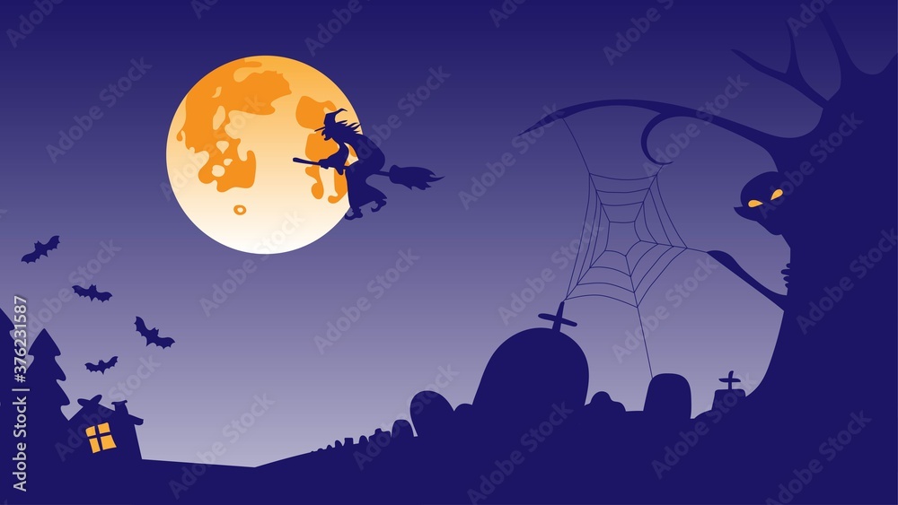 The background screensaver for Halloween. Purple Cemetery, monster, witch on a broom, full orange moon, cobwebs, house with glowing window.