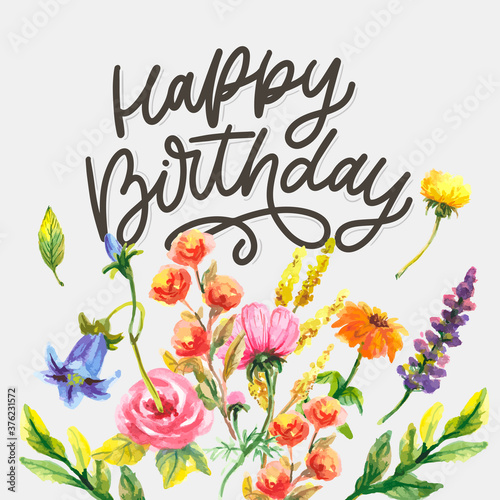 Happy Birthday lettering calligraphy slogan flowers vector illustration text