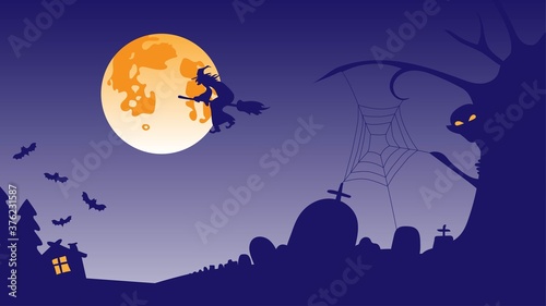 The background screensaver for Halloween. Purple Cemetery, monster, witch on a broom, full orange moon, cobwebs, house with glowing window.