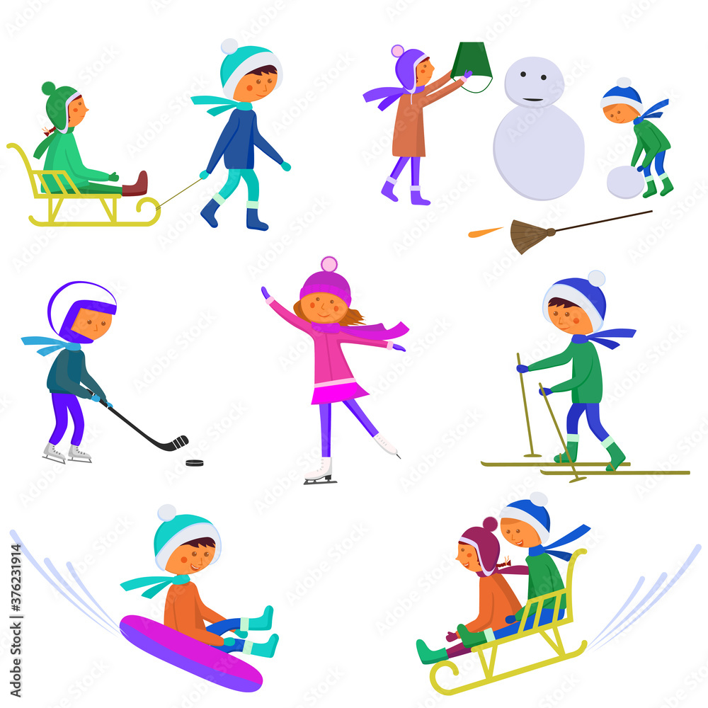 Active recreation for children in winter. Children build a snowman, sledding and skiing. Seamless vector pattern on a blue background