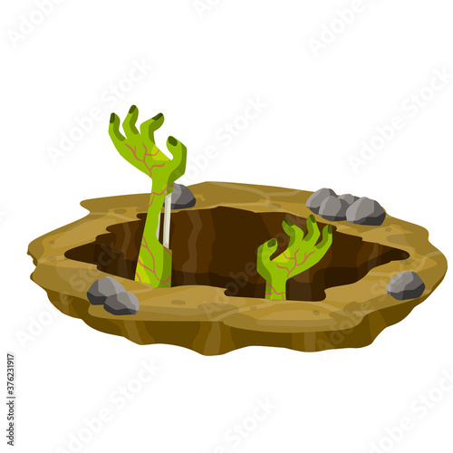 Grave. Hole in brown ground. Green hands of dead zombie. Element of Halloween. Bones and rotting corpse. Scary illustration. Flat cartoon
