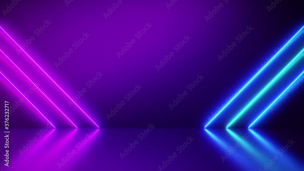 Neon Background Abstract Blue And Pink with Light Shapes line diagonals on colorful and reflective floor.