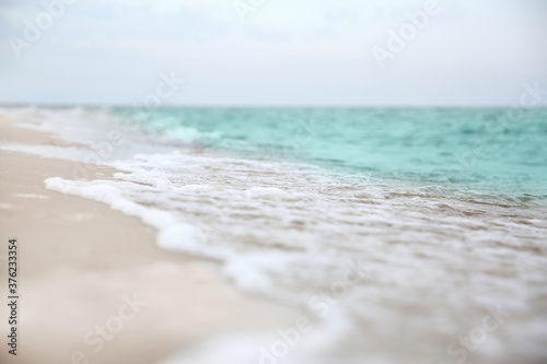 Fototapeta Naklejka Na Ścianę i Meble -  Beautiful view of sea tide on sandy beach. Summer vacation