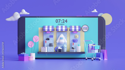 Shopping on-line online store on website mobile application 3d rendering.