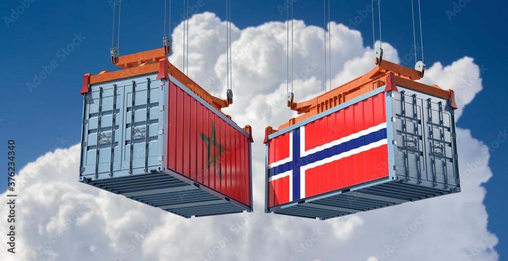 Cargo containers with Morocco and Norway national flags. 3D Rendering 