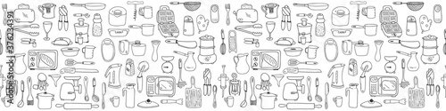 Seamless border with elements of kitchen utensils, utensils and appliances. Black-white background for menu design,brochures, web pages.Doodle illustration is hand drawn and isolated on white. Vector