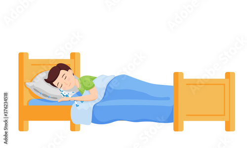 A boy sleeps in bed with his arms around a robot toy. Cartoon nice, cute character. The child smiles in his sleep. Night rest. Children's illustration in a flat style isolated on a white background