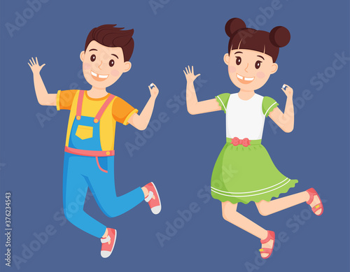 Children a boy in a jumpsuit and a girl in a dress jump with a fallen tooth in their hand. Cute cartoon characters are happy and smiling. Loss of the first tooth. Vector illustration. Flat style.