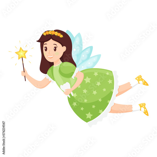 Tooth fairy, Princess with a magic wand and a tooth in her hands flying on wings. Cute cartoon character in a dress is smiling. Vector illustration for children isolated on white background.Flat style