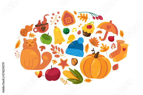 Cartoon autumn background  fall symbols on white
