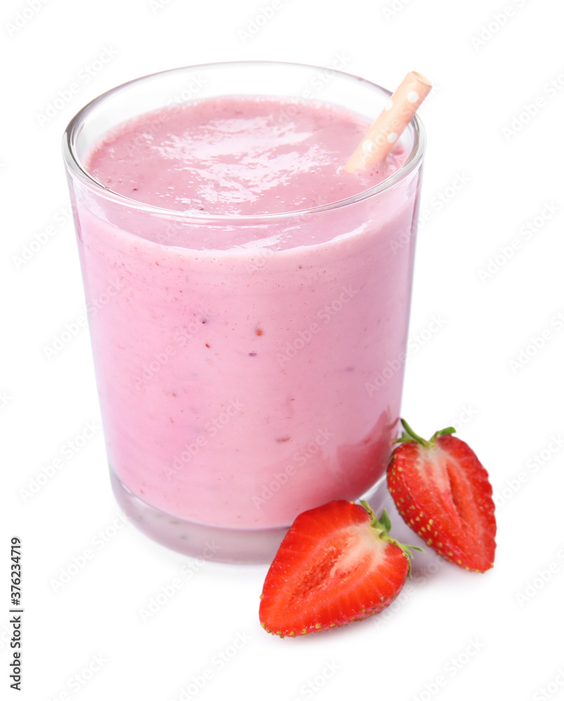 Tasty strawberry milk shake and fresh berries isolated on white Tasty strawberry milk shake and fresh berries isolated on white