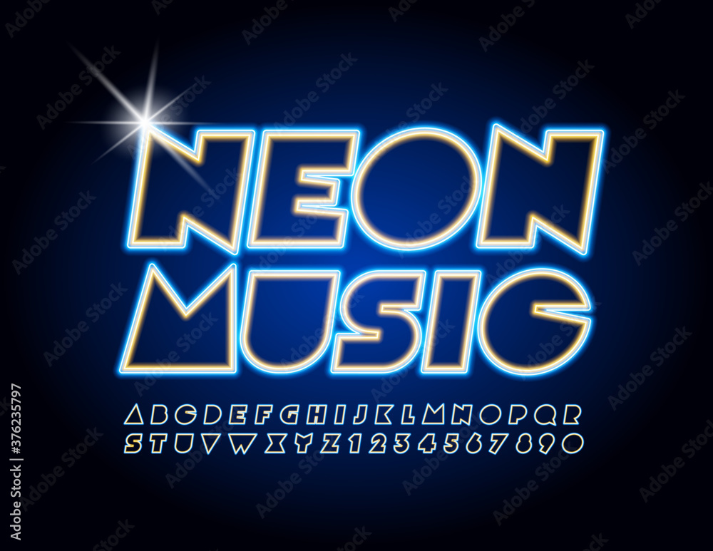Vector creative sign Neon Music. Electric abstract Font. Illuminated led Alphabet Letters and Numbers Vector creative sign Neon Music. Electric abstract Font. Illuminated led Alphabet Letters and Numbers