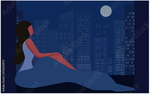 Insomnia woman sitting on bed vector illustration. Sleepless woman suffering from insomnia, mental disorder and depression concept