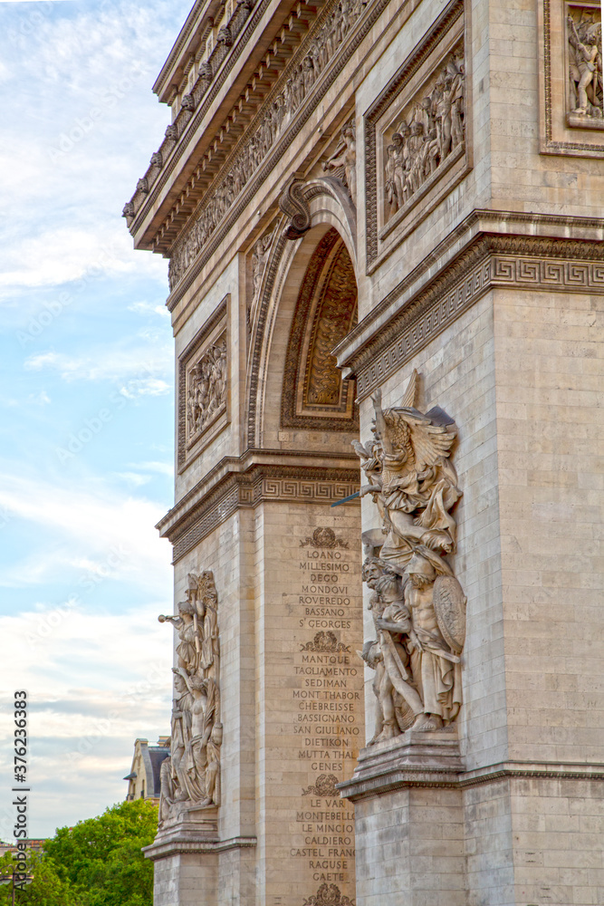 Detail of sculptures and inscriptions of the Arc de Triomphe (Triumphal Arch) of Paris at Champs Elysees