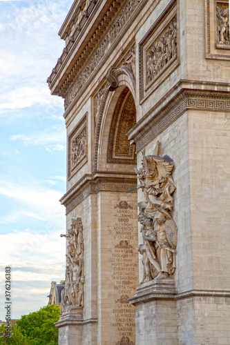 Detail of sculptures and inscriptions of the Arc de Triomphe (Triumphal Arch) of Paris at Champs Elysees