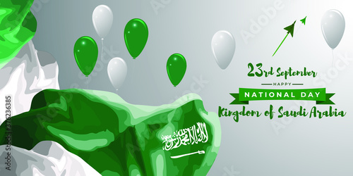 Vector illustration of Saudi Arabia national day, 23rd september, saudi arabia flag, balloons and airforce craft.