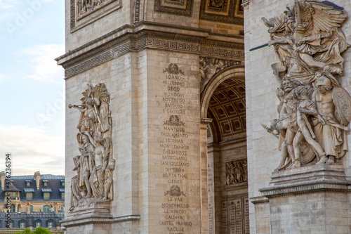 Details of sculptures and inscriptions of the Arc de Triomphe (Triumphal Arch) of Paris at Champs Elysees