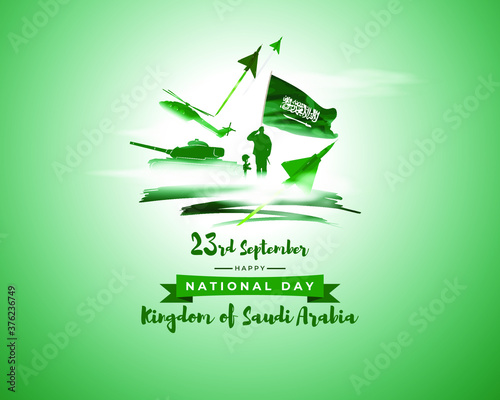 Vector illustration of Saudi Arabia national day, 23rd september, saudi arabia flag, soldier with rifle and helmet, army tank and airforce craft.