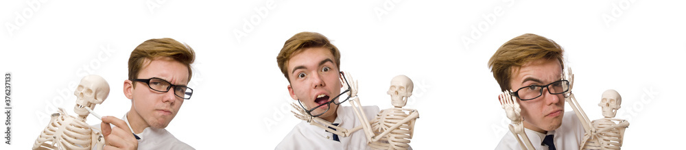 Funny doctor with skeleton isolated on white Funny doctor with skeleton isolated on white