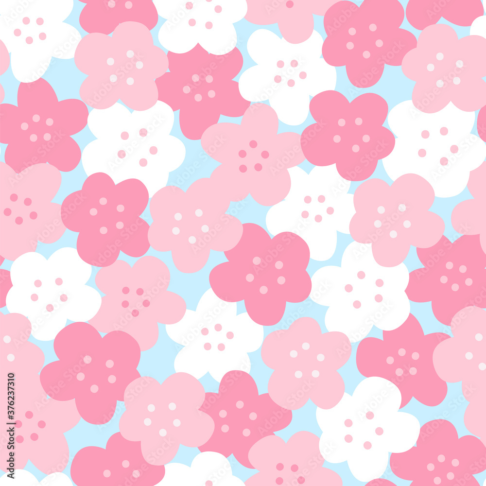 Cute Pink & White Cherry Blossom Seamless Pattern with Sky Blue Background